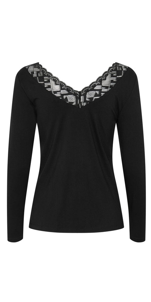 Cream Lace Trimmed Long Sleeve Top, black