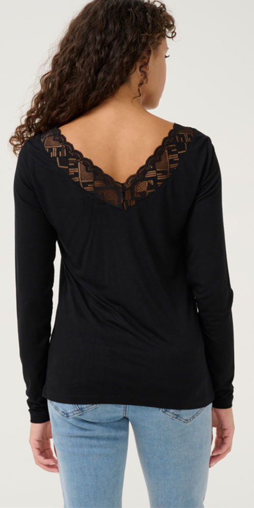 Cream Lace Trimmed Long Sleeve Top, black