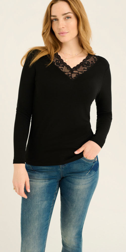 Cream Lace Trimmed Long Sleeve Top, black