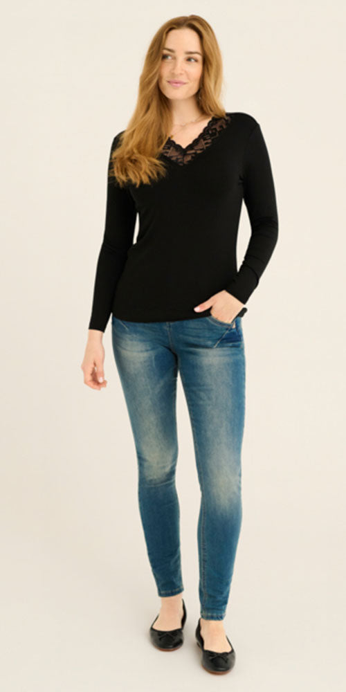 Cream Lace Trimmed Long Sleeve Top, black