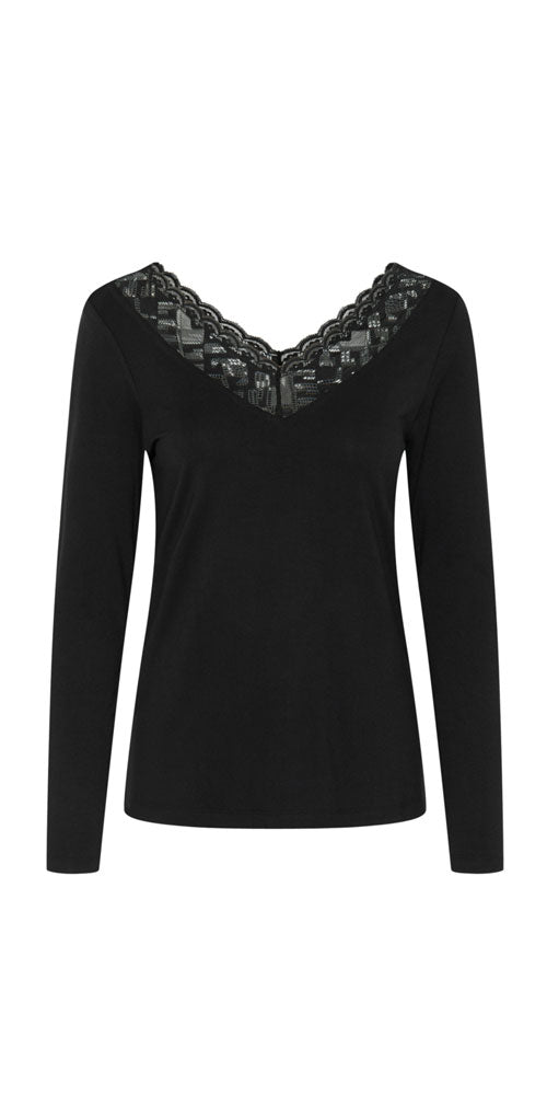 Cream Lace Trimmed Long Sleeve Top, black