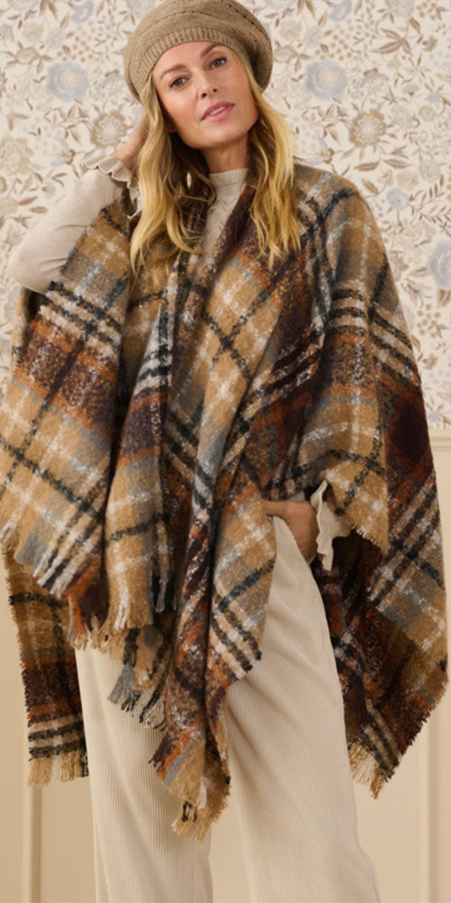 Cream Plaid Bouclé Cape