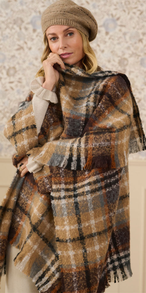 Cream Plaid Bouclé Cape