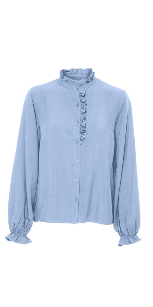 Cream Ruffle Trim Blouse, sky blue