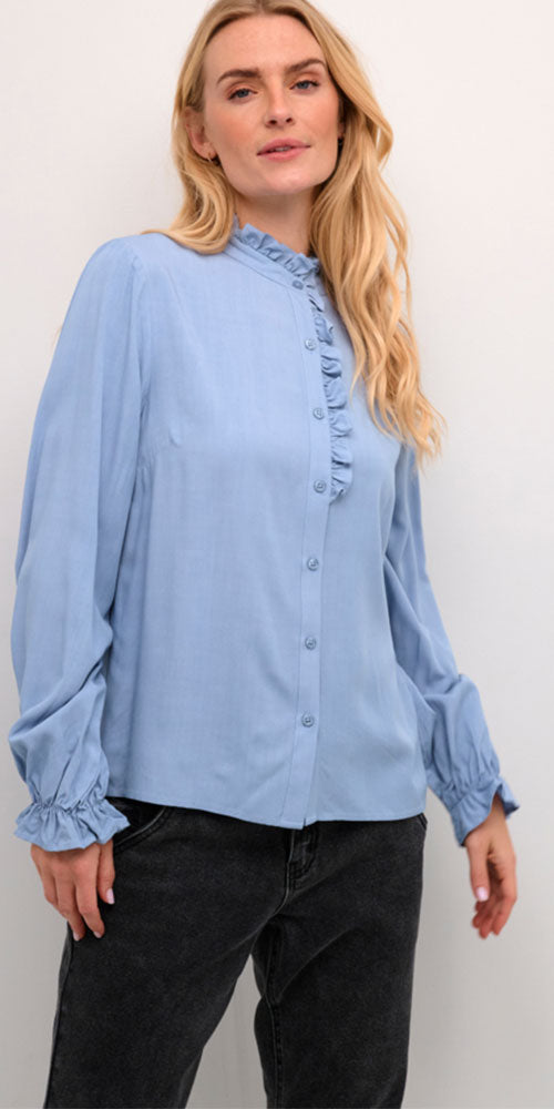 Cream Ruffle Trim Blouse, sky blue