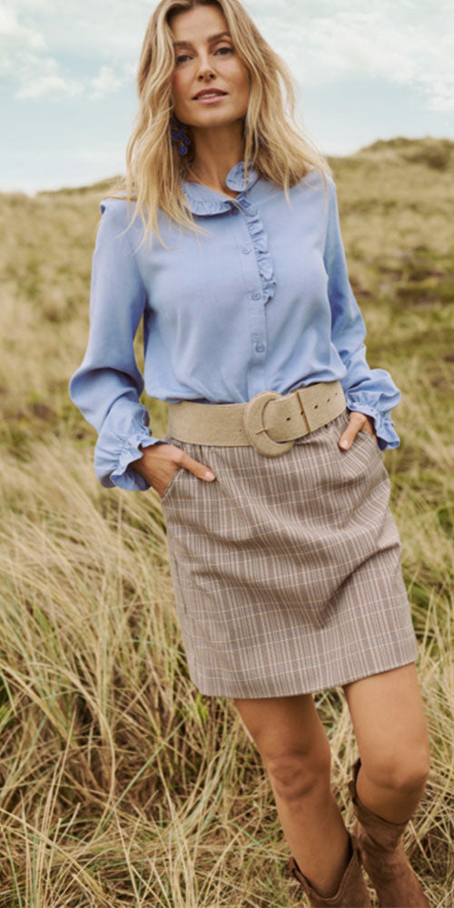 Cream Ruffle Trim Blouse, sky blue