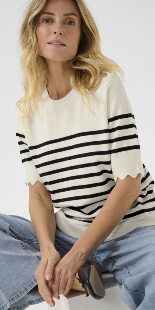 Cream Striped Short Sleeve Pullover