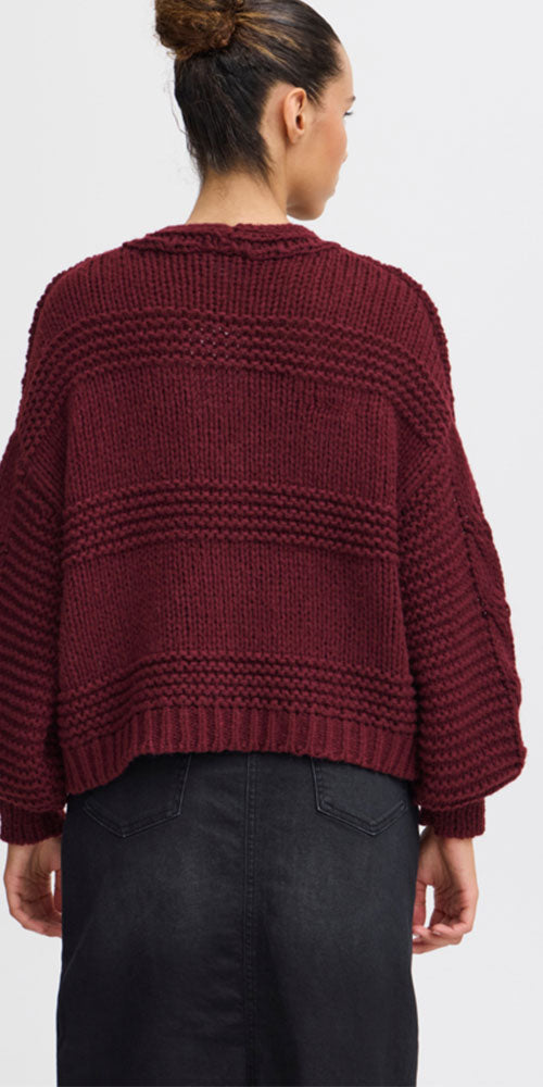 Ichi Textural Knit Cardy, wine