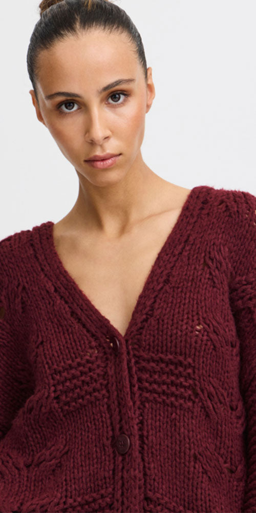 Ichi Textural Knit Cardy, wine