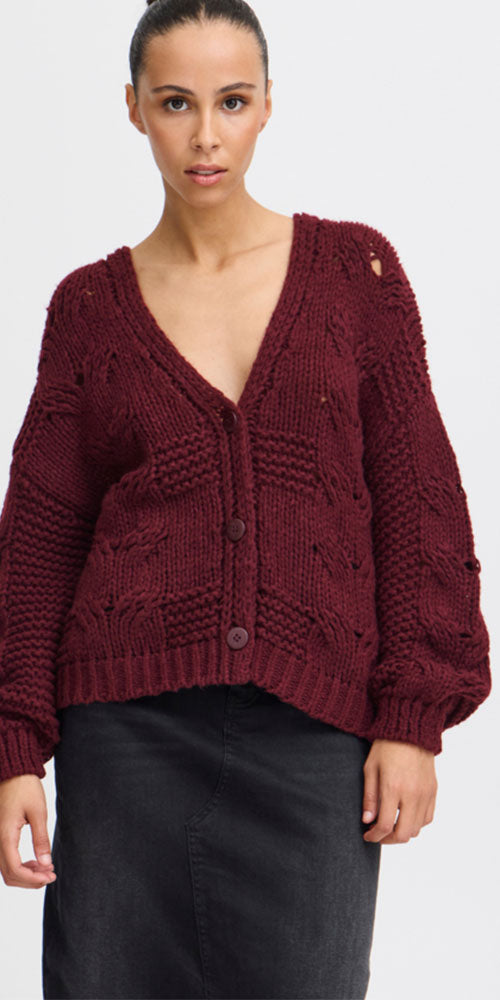 Ichi Textural Knit Cardy, wine